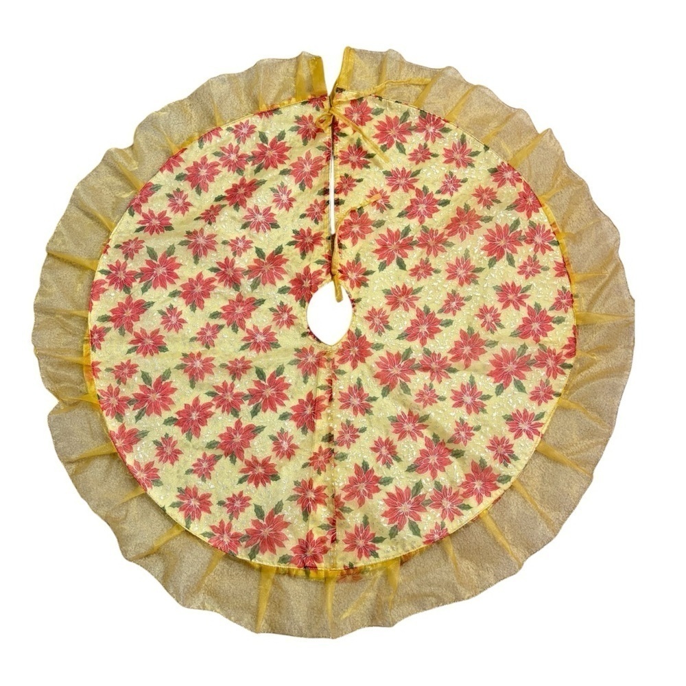Vintage Crinoline Poinsettia Christmas Tree Skirt with Gold Ruffle
